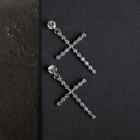 Earrings with rhinestones “crosses” with divisions, white color in silver-1