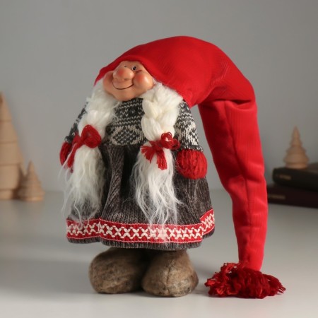 Interior doll "Grandma in a long red cap and gray dress" 25 cm-3