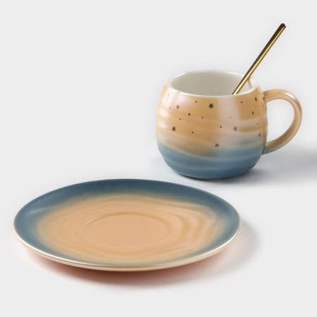 Tea couple ceramic “magic”, 3 objects: 260 ml mug, saucer d = 15.8 cm, spoon h = 14 cm, color-blue color-1