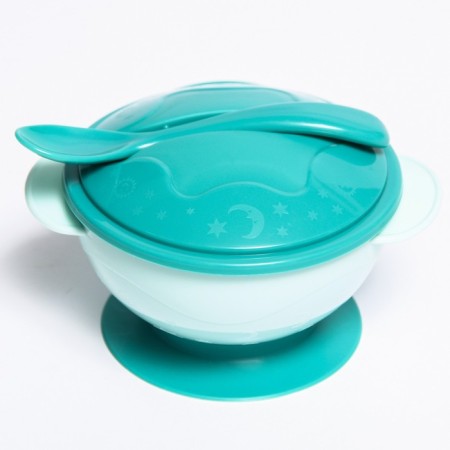 Feeding set: a bowl on a suction cup with a lid, a spoon, 400 ml., Biryuzovoy color
