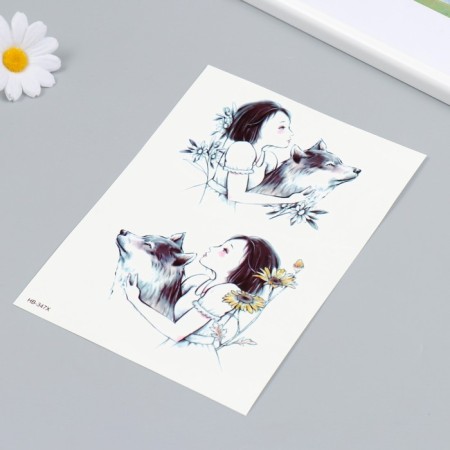 Tattoo on the body color "Girl with a wolf" 21x14.8 cm-1