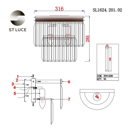 Sconces st. SL1624.201.02. Ercolano. 2x40 watts, E14, 29x32 cm, Shampan-5