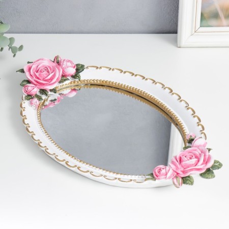 Interior polystone stand with a mirror "Pink roses" white 36.5x22 cm-1