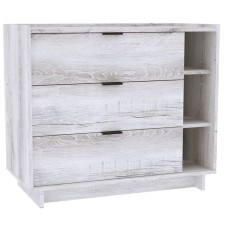 A chest of drawers with 3 boxes 