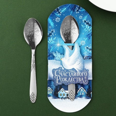 Spoon souvenir on the postcard of "Happy Christmas", 3 x 14 cm