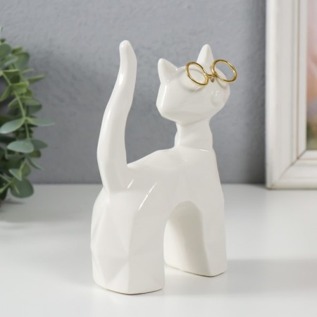 Souvenir Ceramics "White Cat with glasses, tail with a pipe" Grani 10.8x4.6x14.7 cm-1
