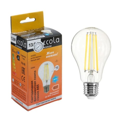LED LED ECOLA CLASSIC Premium, E27, A65, 13 W, 4000 K, 360 °, 220 V, philament