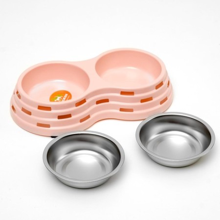 Metal dual bowl on a plastic base 2 x 160 ml, 25 x 14 x 5 cm, pink-3