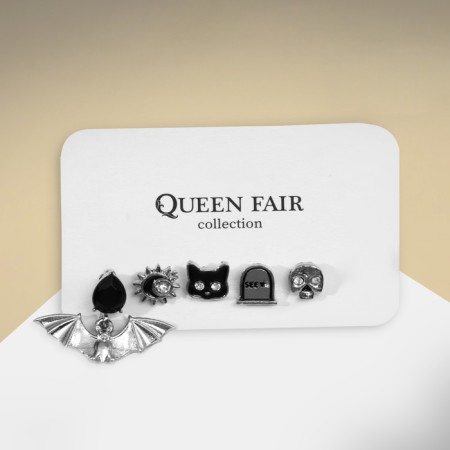 Earrings set of 5 pcs., Gothic bat, cat, skull, black and white color in silver-1