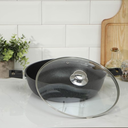 Stear, D = 30 cm, removable handles, glass cover, anti -stick coating, color dark marble-1