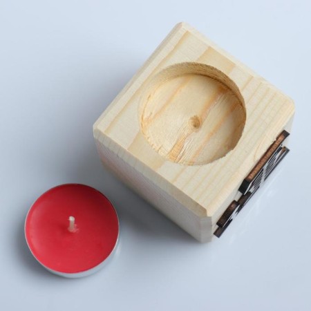 A candle in a wooden candlestick "Cube, hieroglyphs. Health", cherry aroma-2