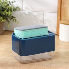 A dispenser for a detergent with a stand for the Raccoon sponge, a sponge in the kit, the color is blue
