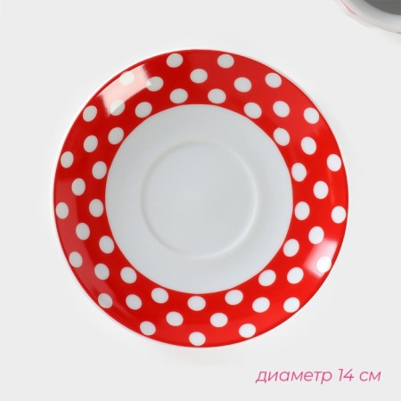 Tea Ceramic Dolyana Service "Peas", 4 items: 2 cups 210 ml, 2 saucers d = 14 cm, red red color-4