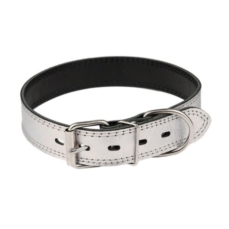 The collar is two-layer leather, width 3.5 cm, Osh 41-51 cm, silver