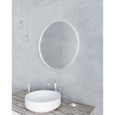 The mirror is round, white, diameter 55 cm