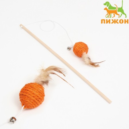 Testing "Sisalem Ball" with feathers and a bell, on a wooden handle, 40 cm, orange ball