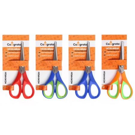 Office scissors 15 cm, plastic handles with rubber inserts, mix