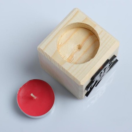 A candle in a wooden candlestick "Cube, hieroglyphs. Love", Cherry aroma-2