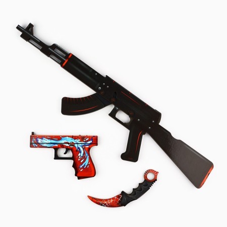 Wooden weapons, children's souvenir "red and black", machine gun, gun, cerambit, set 3 pcs