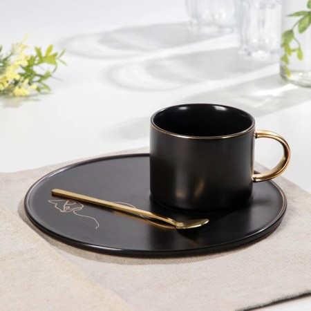 Tea couple ceramic with a spoon "Silhouette", 2 items: 260 ml mug, plate d = 19.6 cm, MIX drawing-1