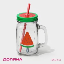 Банка стеклянная с крышкой и трубочкой Доляна «Фреш», 450 мл, 11×7×13 см, рисунок МИКС