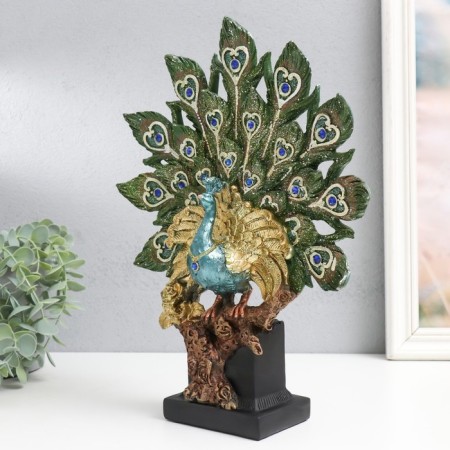 Polystone souvenir "Peacock with a green tail with heart feathers, sapphire" 25.5x9x33 cm-3