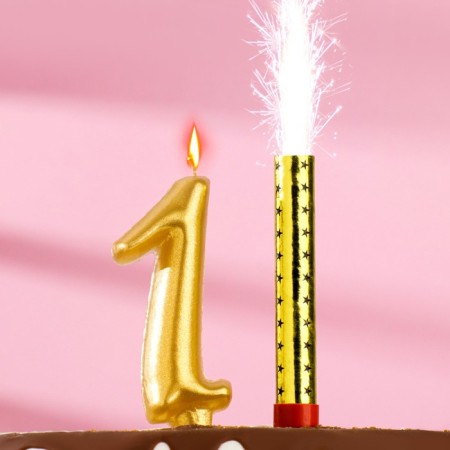 Set a candle for a cake number 1 giant, gold, with a fountain, 9.5 cm