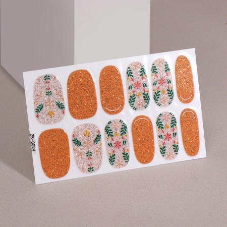 Lacquer strips for manicure set 12pcs B194 Flowers with sparkles of orange/silver nakl QF-2