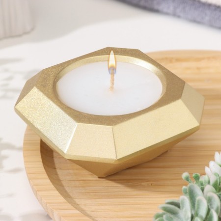 Candle "Square" in the candlestick with beveled corners is small, 9x3.5cm, gold
