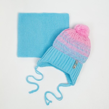 Kit (hat/snood) for a girl, color blue size 47-50 cm