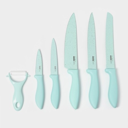 A set of kitchen utensils "Claud", 6 objects: 5 knives, vegetable cleaning of ceramics, turquoise color