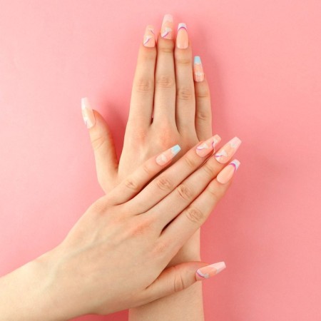 Falled nails "Rainbow", 24 pcs, adhesive plates, ballerina shape, glossy beige/yellow/blue color-8