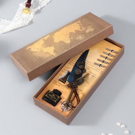 Feature handle set with interchangeable feathers+stand+ink "mechanisms" 26x12x4 cm