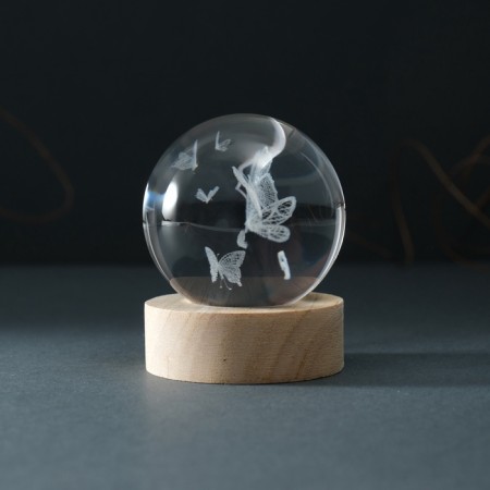 Souvenir Glass backlight "Ball. Butterfly" d = 6 cm stand wood, usb-4