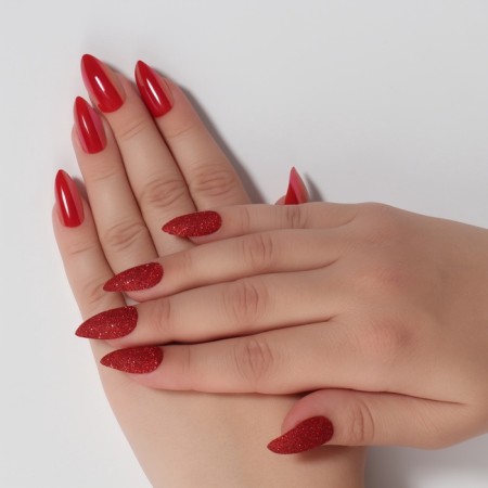 False nails, 24 pcs, with glue plates, the shape of almonds, sparkles/holography, red color-9