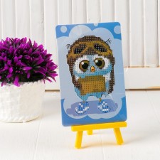 Diamond embroidery with a partial filling “Owl in a helmet”, with a stand, size of the picture: 10 × 15 cm