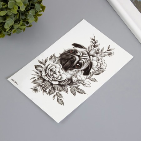 Tattoo on the body color "Pug in flowers" 12x19 cm-1