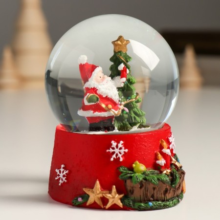 Souvenir Polystone Water Ball "Grandfather Moroz hangs a garland on the spruce" 7x8x9 cm-1