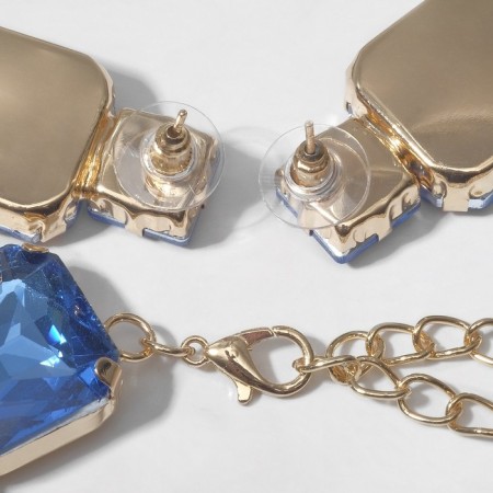 Set 2 objects: earrings, necklace “jewel” squares, blue in gold, 32 cm-1