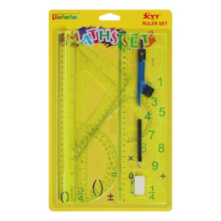 Set of geometric, drawing, blister: ruler 30 cm, 2 triangles, transporter, eraser, compass, ruler with stencils, tinted, mix-7
