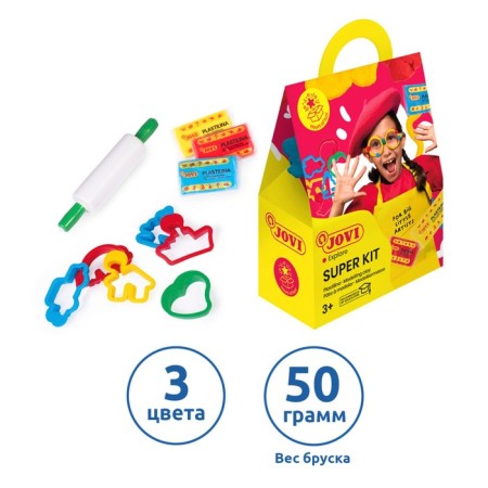 Jovi Super Kit sculpting set 3 colors 50 g, vegetable, 6 molds, 1 rolling pin, cardboard