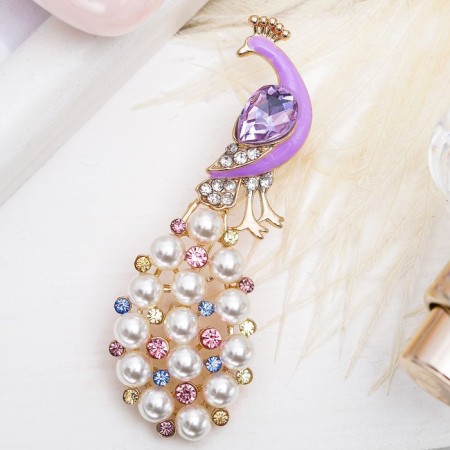 Brooch "Peacock" with a pearl tail, colored in gold-1