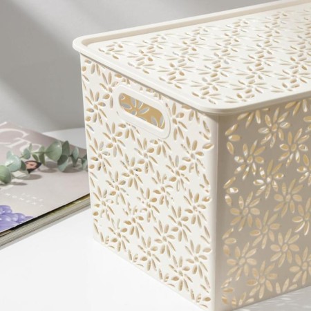 Basket for storage with a lid "Chamomile", 14 l, 35.5 × 24.5 × 20.5 cm, ivory color.-2