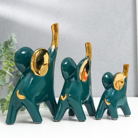 Souvenir ceramics "Elephants - Green Gloss" gold set 3 pcs 9x11; 10.5x15.5; 12.5x19 cm-4