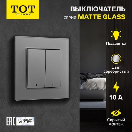Tot Matte Glass switch, 10 a, 2 cl., With backlight, hidden, glass, silver