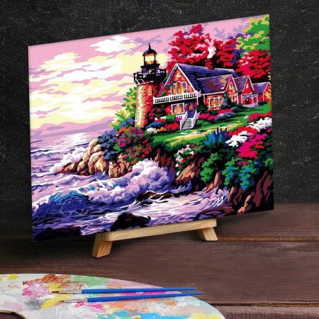 Picture on numbers on a canvas with a subframe "House with a lighthouse by the sea", 40 x 50 cm-1