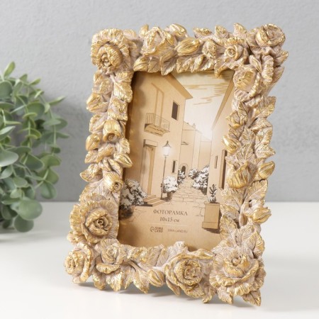 Polystone photo frame 10x15 cm "Pionovid roses" golden aged 16.6x2.9x21.3 cm-1