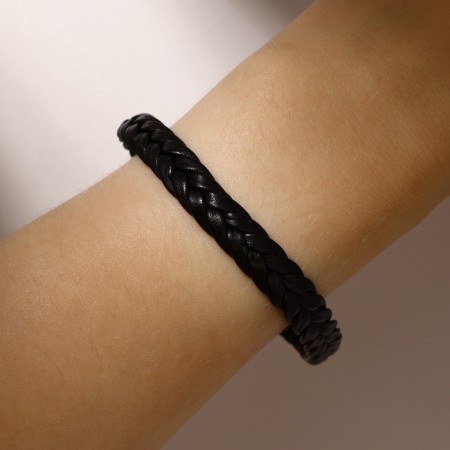 Unisex Bracelet "Kosichka" is smooth, black color with gray metal, 22 cm-3