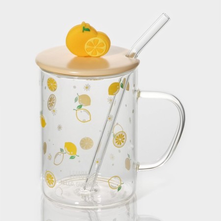 Glass mug with a ceramic lid and pipe "Frutis", 450 ml, color mix-1