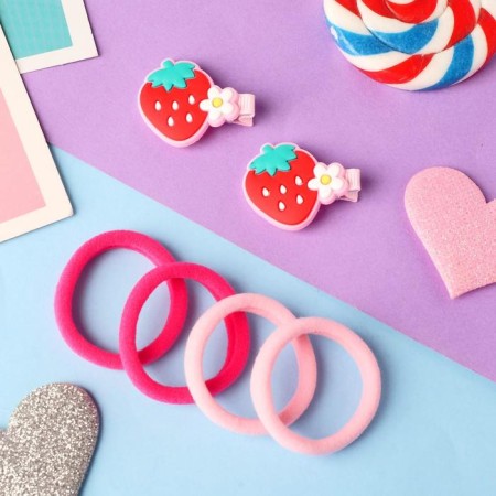 Caramel hair set (4 elastic bands, 2 clamps) strawberries, 3.5x2.5 cm, red-pink-1